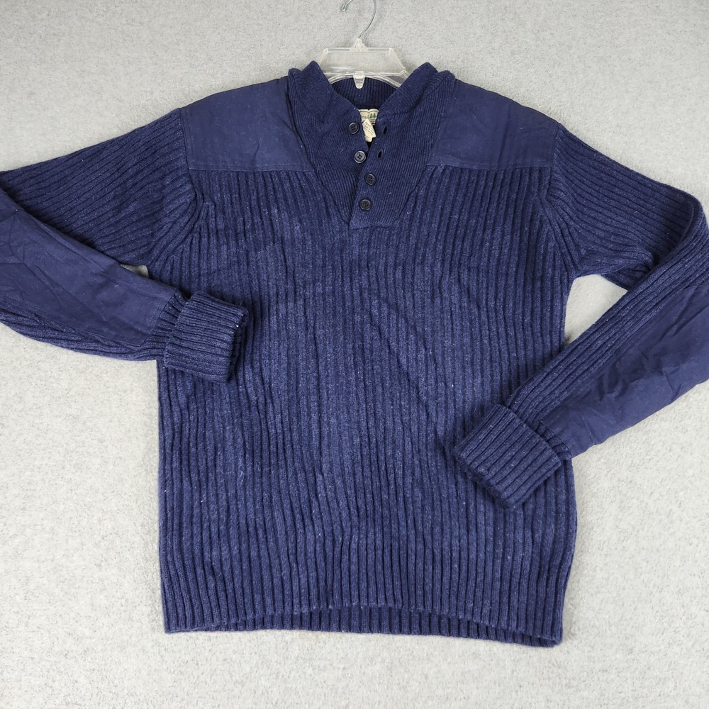 LL Bean Sweater Mens Medium M Navy Blue Merino Lambswool Henley Commando Patches